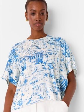 Whistles Rome Blue White Print Short-Sleeve Blouse Size 2